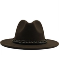Dark brown wool fedora hat with braided rope and rhinestone band decoration - Coffee