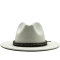 Elegant white wide brim wool fedora hat for women with rhinestone and leather band - White