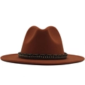 Detailed view of the dark braided band with rhinestones on a rust-red fedora hat - Caramel
