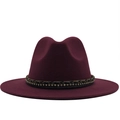 Detail of wine red wool fedora hat featuring a gray braided band with sparkling rhinestones - Burgundy