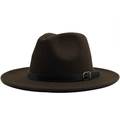 Chapeau fedora en feutre de laine marron foncé avec bande en cuir noir et boucle dorée - Café