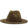 Classic leopard print wool fedora hat with brown leather band and silver rivet accents - M (56-58cm) / Khaki (Leopard)