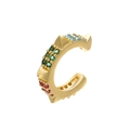 Detailed close-up of C-shaped gold ear cuff with colorful zirconia and rivet studs - Gold