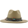 Detail of wool fedora hat with ethnic woven band, turquoise bead and blue fringe tassels - Camel