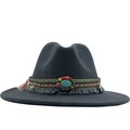 Detail of dark grey wool fedora featuring ethnic woven band with turquoise and tassels - Dark Gray