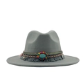 Detail of grey wool fedora hat featuring bohemian ethnic band with turquoise and fringe - Gray