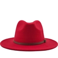 Classic red wool felt fedora hat with wide flat brim and brown leather band detail - M (56-58cm) / Red