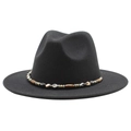 Close-up of black fedora wool hat with unique vintage beaded ethnic style chain strap - M (55-58cm) / Black