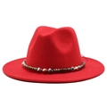 Red wool fedora hat with ethnic beaded band and wide flat brim for classic jazz style - M (55-58cm) / Red