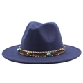 Detail of navy blue wool fedora with woven band, turquoise beads and gold rivets - Navy Blue