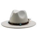 Detailed view of white wool fedora hat with turquoise beads and brown braided band - White
