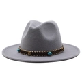 Detailed close-up of grey wool fedora hat with ethnic turquoise beaded hatband - Light Gray