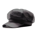 Classic black PU leather newsboy cap with octagonal stitch detail and curved brim - One Size / Black