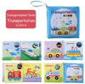 Detail view of baby cloth book with vehicle illustrations and English names - Transportation