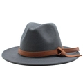 Detailed texture of grey wool felt fedora hat featuring a brown faux leather hatband - Dark Gray
