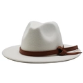 Detail of white wool fedora hat featuring a brown leather band and side knot accent - White