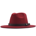 Elegant wine red wide brim wool fedora hat with brown braided leather band for women - M (56-58cm) / Red