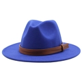 Close-up of royal blue wool fedora hat with brown leather strap and contrast stitching - M (56-58cm) / Sapphire Blue