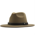 Classic khaki wool fedora hat with a brown woven leather band and metal rivet detail - Camel