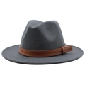 Close-up of the dark grey wool fedora featuring a brown faux leather belt and stitching - M (56-58cm) / Dark Gray