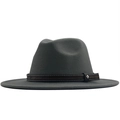 Classic dark grey wool fedora hat with a brown woven leather band and silver buckle - Gray