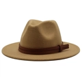 Classic camel wool fedora hat with wide brim and brown leather decorative band - M (56-58cm) / Camel