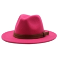 Detail of rose red fedora hat featuring a brown leather decorative band and buckle - M (56-58cm) / Rose Red