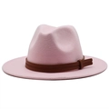 Detail of pink wool fedora hat with a premium dark brown leather decorative band - M (56-58cm) / Pink