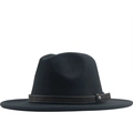 Minimalist black wool fedora hat with a brown braided leather band and silver buckle - Dark Gray