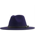 Deep purple wide brim wool fedora hat with braided brown band and metal accent - Purple