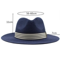 Navy blue fedora straw hat with striped ribbon for summer outdoor sun protection - M (56-58cm) / Navy Blue
