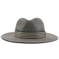 Detailed view of grey straw fedora hat featuring a stylish striped grosgrain ribbon trim - M (56-58cm) / Gray