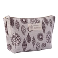 Detail of canvas makeup bag with brown leaf pattern and Natural Style handmade label - Leaf