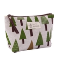 Beige canvas makeup bag with Christmas tree pattern and top zipper closure handle - Jenny J. Tree / Small