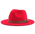 Classic red wool fedora jazz hat featuring a brown leather decorative band with metal buckle - M (56-58cm) / Red