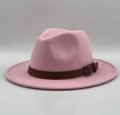 Pink wool fedora hat featuring a stylish dark brown faux leather belt and metal buckle - M (56-58cm) / Pink