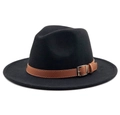 Classic black fedora hat in wool felt with brown leather band and silver metal buckle - M (56-58cm) / Black