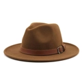 Classic dark brown wool fedora hat featuring a slim leather band with silver buckle - M (56-58cm) / Khaki