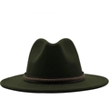 Cappello fedora in lana verde scuro con tesa larga piatta e fascia in pelle intrecciata - M (56-58cm) / Verde