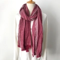 Wrinkled cotton linen scarf in red and white stripes with fringe edges on mannequin - Side Stripe Wine Red