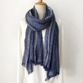 Navy blue cotton linen scarf with white stripes and fringe detail on display - Side Stripe Navy
