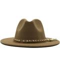 Detail of khaki wool fedora hat featuring golden chain, white pearls and side tassel - M (56-58cm) / Camel