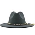 Detailed shot of dark grey wool fedora featuring pearl chain and tassel decoration - M (56-58cm) / Gray