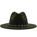 Cappello fedora in lana verde oliva scuro con tesa larga e catena metallica - M(56-58cm) / Verde