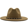 Camel wide brim wool fedora hat with a black and gold braided decorative chain - M(56-58cm) / Camel