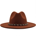 Caramel wool fedora hat with wide brim and gold chain link decorative band - M(56-58cm) / Caramel