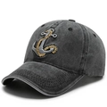 Casquette de baseball en jean gris foncé délavé avec broderie ancre style vintage - Réglable / Noir