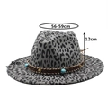 Gray leopard print fedora wool hat with bohemian beaded band and wide brim for unisex - M (56-59cm) / Dark Gray