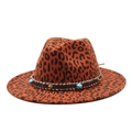 Detail of leopard print fedora hat with braided band and turquoise stone accent - M (56-59cm) / Orange Red
