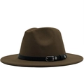 Chapeau fedora classique en laine marron avec ruban noir et boucle en métal argenté - Kaki